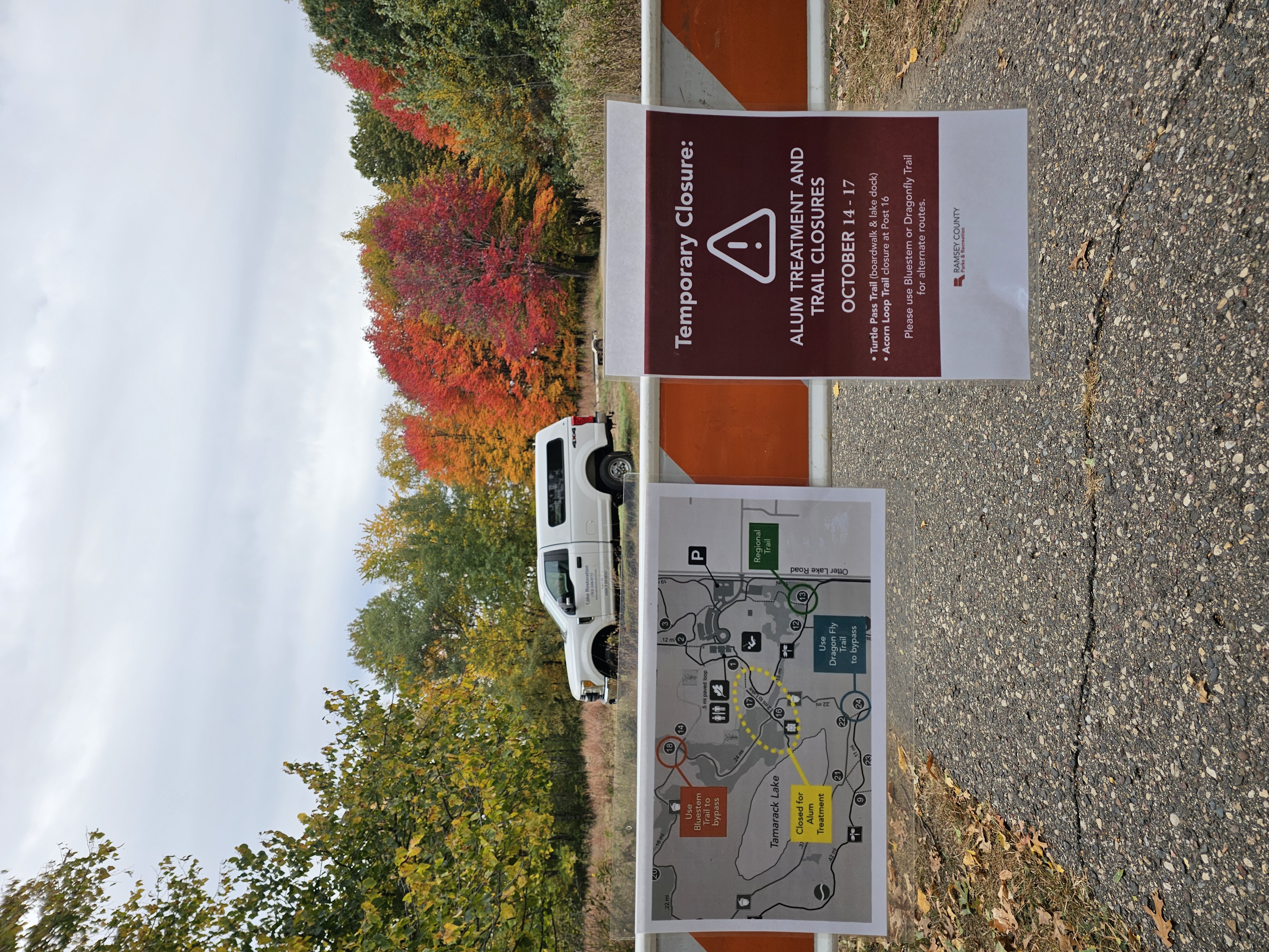Image slide of Trail closure at Tamarack Nature Center in preparation for alum treatment. 